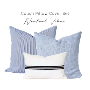 Nautical Blue Striped Pillow Cover Set, Nautical Blue Linen, Coastal Marine Pillow, Coastal Blue Striped Pillow, Marine Rope Lumbar Pillow