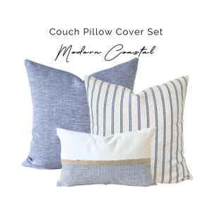 Ensemble de taie d'oreiller en lin à rayures côtières : soutien lombaire en jute et touches de bleu uni