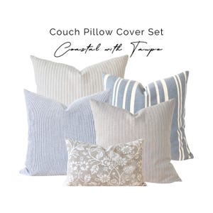Coastal Throw Pillow Cover Set, Blue Neutral Striped Coastal Pillows, Blue Cream Pillow Combo, Coastal Blue Striped Linen, Taupe Lumbar