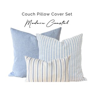 Set di federe a righe blu crema costiere, cuscino decorativo moderno blu crema costiere, federa per cuscino in lino blu crema, lino naturale