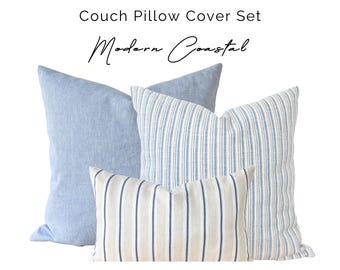 Coastal Blue Cream Striped Pillow Cover Set, Modern Coastal Blue Cream Throw Pillow, Blue Cream Linen Pillow Cover, Natural Linen