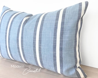 Coastal Pillow Cover, Coastal Blue Pillow, Light Blue Linen Throw Pillow, Blue White Stripe Pillow, Coastal Blue Stripe Beachy Lumbar, 12x18