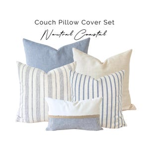 Coastal Throw Pillow Cover Set, Modern Coastal Light Blue Neutral Pillows, Blue Cream Striped Beachy Pillows, Coastal Jute Striped Lumbar