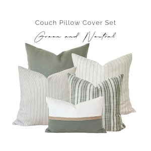 Green Linen Pillow Cover Set: Striped Jute Lumbar, Neutral Cotton