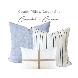 Set di federe per cuscini in lino a righe blu costiere, cuscini a righe blu crema, set di cuscini da lancio azzurri, federe per cuscini azzurri costiere