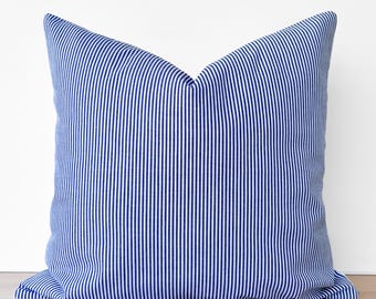 Coastal Blue Striped Throw Pillow Cover, Navy Blue Coastal Pillow, Blue Ticking Striped Coastal Pillow, Nautical Blue White Striped 18x18