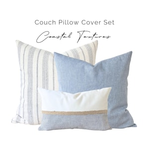 Set di federe in lino blu costiero, cuscino decorativo azzurro costiero, cuscino moderno a righe blu crema costiero, cuscino lombare a righe in iuta da spiaggia