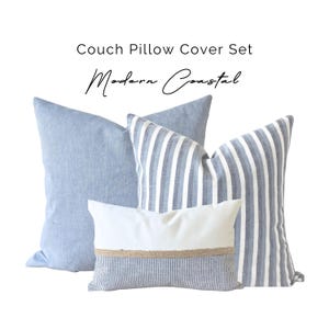 Ensemble de taie d'oreiller bleu côtier, coussin moderne rayé bleu côtier, taie d'oreiller en lin clair, cordon lombaire en jute, lin naturel