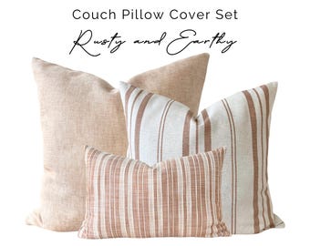 Juego de fundas de almohada de lino beige oxidado, funda de almohada de lino suave beige oxidado, funda de almohada de lino a rayas beige oxidado, lino natural