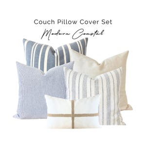 Coastal Throw Pillow Cover Set, Modern Coastal Light Blue Neutral Pillows, Blue Cream Striped Beachy Pillows, Coastal Jute Striped Lumbar