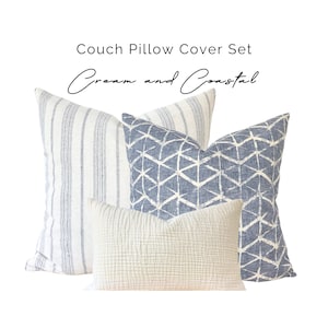 Ensemble de taies d'oreiller bleu côtier crème, Ensemble de coussins côtiers, Oreiller bleu neutre en lin naturel, Ensemble d'oreillers côtier moderne