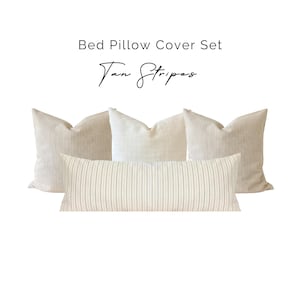 Bed Pillow Cover Set, Tan Striped Brown Long Lumbar, Light Brown Linen Pillows, Neutral Cream Pillows, Tan Beige Oversize KingBed Lumbar