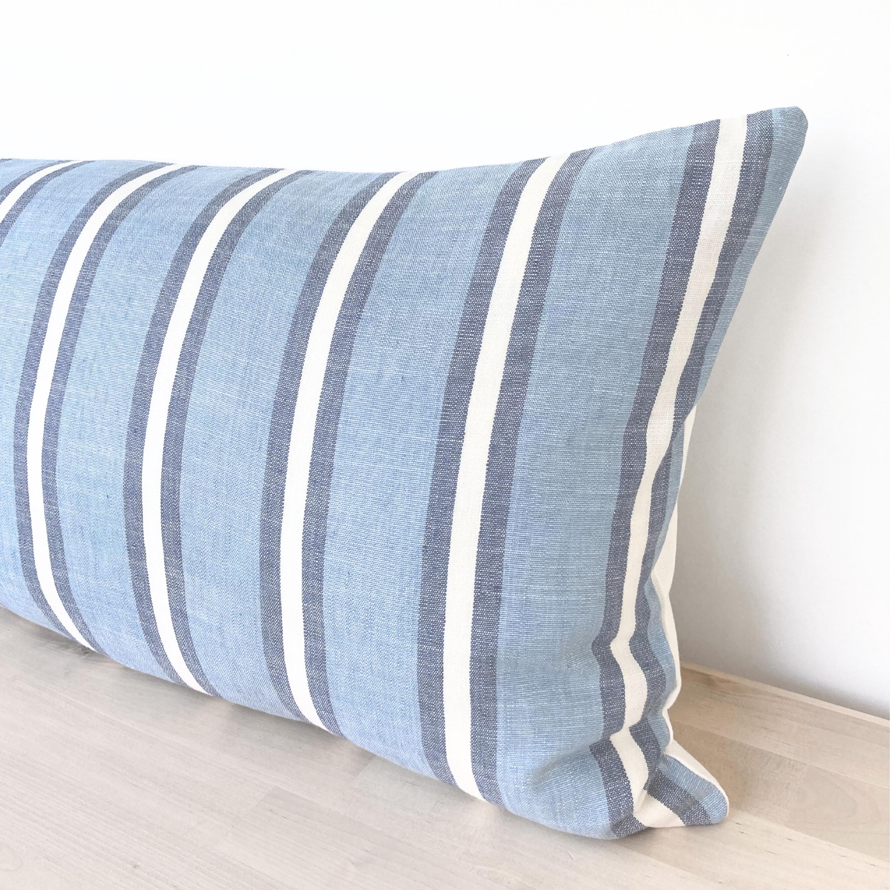 Coastal Bed Lumbar Pillow Cover Bed, Blue White Striped Long Throw Pillow Cover, Modern Coastal Queen bed, Oversized Kingbed Lumbar, 14”x36”