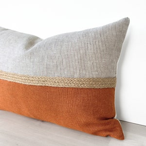 Housse de coussin jute rayé orange brûlé, housse de coussin lombaire orange brûlé, coussin rayé en jute, coussin en lin automne rouille orange 12 x 18