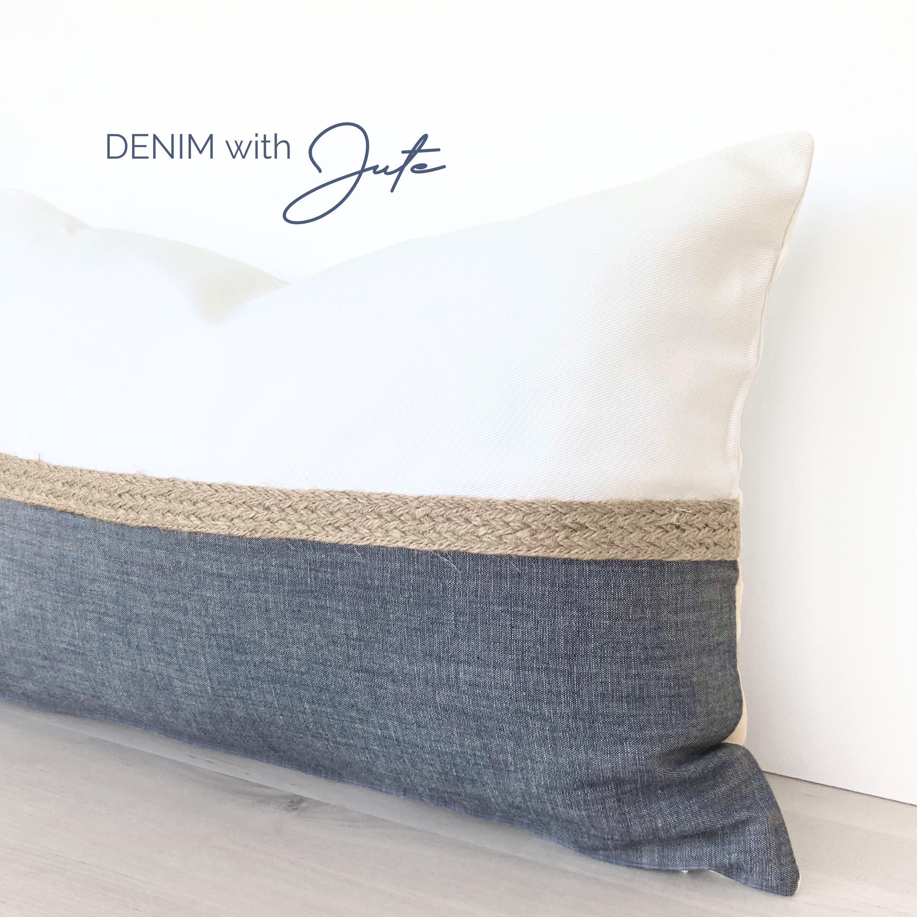 Coastal Blue Lumbar Pillow Cover, Denim Blue Pillow Cover, Jute Rope Textured Throw Pillow Cover, Coastal Blue and Neutral Jute Lumbar 12x18
