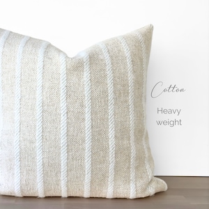 Cream Striped Pillow Cover, Cream Textured Throw Pillow, Textured Cream White Pillow, Woven Heavy Cotton Neutral Farmhouse Pillow, 18x18