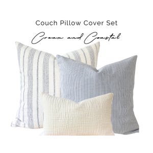 Coastal Blue Striped Linen Pillow Cover Set, Light Blue Throw Pillow Set, Blue Cream Striped Pillow, Coastal Light Blue Cushion Covers
