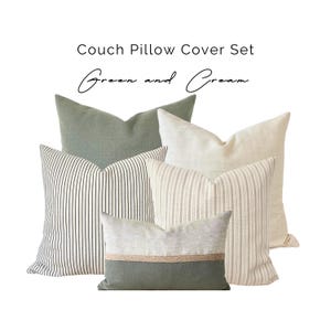 Pillow Cover Set, Sage Green Linen Pillow, Cream Striped Throw Pillow Set, Tan Striped Pillow, Green Cream Pillow, Sage Green Jute Lumbar