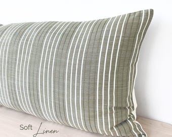 Green Long Lumbar Pillow Cover for Bed, Green Striped Soft Linen Lumbar, Sage Green Long Pillow for King bed, Striped Oversize Lumbar 14x36