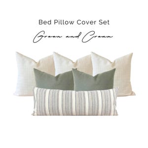 Juego de fundas de almohada para cama, fundas de almohada decorativas para cama king size en color verde crema, almohadas de cama verde salvia, almohada texturizada neutra, almohada lumbar larga a rayas