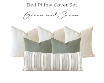 Pillow Cover Set for Bed, Green Cream King Bed Throw Pillow Covers, Sage Green Bed Pillows, Neutral Textured Pillow, Striped Long Bed Lumbar