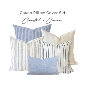 Coastal Throw Pillow Cover Set, Blue Cream Striped Coastal Pillows, Coastal Light Blue Pillow Combo, Blue Cream Striped Linen Pillow Covers