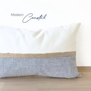Coastal Blue Striped Pillow Cover, Light Blue Throw Pillow, Jute Striped Pillow, Neutral Coastal Beachhouse Lumbar, Coastal Lumbar 12x18