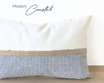 Coastal Blue Striped Pillow Cover, Light Blue Throw Pillow, Jute Striped Pillow, Neutral Coastal Beachhouse Lumbar, Coastal Lumbar 12x18