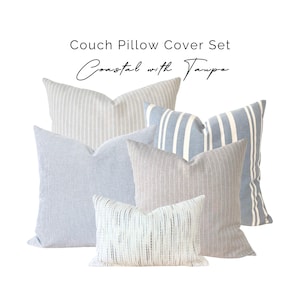 Coastal Throw Pillow Cover Set, Blue Neutral Striped Coastal Pillows, Blue Taupe Pillow Combo, Modern Coastal Blue Striped Linen