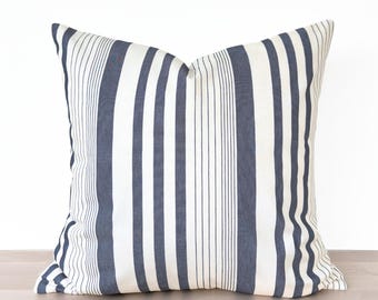 Nautical Striped Pillow Cover, Navy Blue Striped Pillow Cover, Marine Blue Striped Throw Pillow, Modern Coastal Linen Throw Pillow Cover