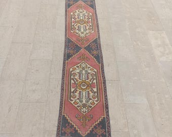Handmade Wool Oushak Rug Runner 2x8: Vintage Turkish Carpet, Short Runner