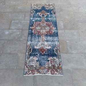 Handmade Turkish Wool Runner Rug: Vintage Woven Kitchen Bath Mat (2.1x6.1 FT) Worn Rug
