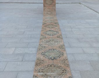 Handmade Wool Oushak Runner Rug: 2"5x22"2 ft Vintage Turkish Rug, Stair Hallway Corridor Rug Runner, Long Runner Rug,