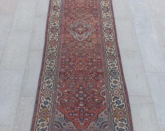 Tappeto passatoia antico, tappeto in lana fatto a mano, tappeto passatoia per corridoio, ingresso, cucina 3x9, tappeto orientale 3x9, tappeto rosso tenue, tappeto decorativo per la casa, 3"3x9"5 FT