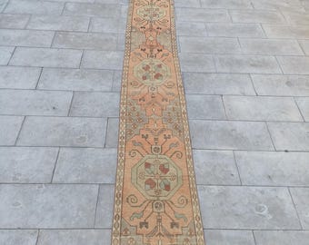 Vintage Oushak Runner Rug: 2x10 Turkish Wool Hallway Rug