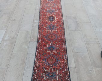 2x11 Vintage Heriz Wool Runner Rug: Handmade Hallway Rug
