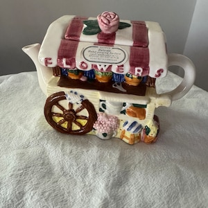 Hand painted vintage Ceramic Flower cart collectable teapot.