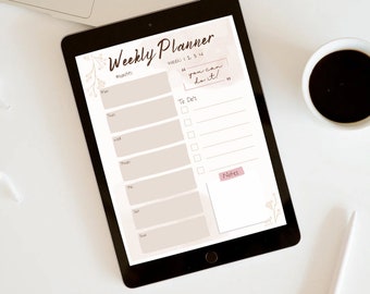 Op de afbeelding: Een weekplanner op een tablet met een beige achtergrond en bloemmotieven. De planner heeft een sectie voor elke dag van de week, met ruimte voor takenlijsten en notities. De tekst "you can do it!" staat in een roze vakje in de rechterbovenhoek van de planner.
