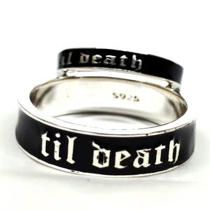 6mm & 4mm Wide Til Death Black Enamel Band Ring, Promise Band Ring, Stacking Band, Pair Set of Til Death Ring, Gift for Her/Him, 925 Silver