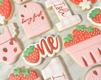 Berry First Birthday sugar cookies, Strawberry Pink and Red, Set of 12