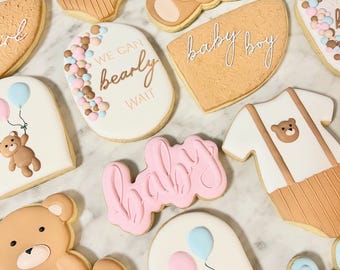 Bear Baby Shower Cookies: Royal Icing Decorated Sugar Cookies, Set of 12