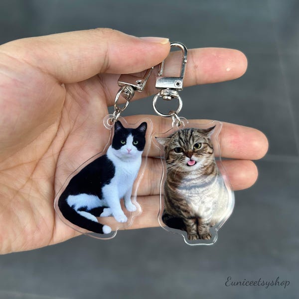 Portachiavi personalizzato a forma di gatto, portachiavi con ritratto di animale domestico, portachiavi personalizzato con foto di animale domestico, regalo commemorativo per gatto, regalo di Natale per gli amanti degli animali, portachiavi per cani