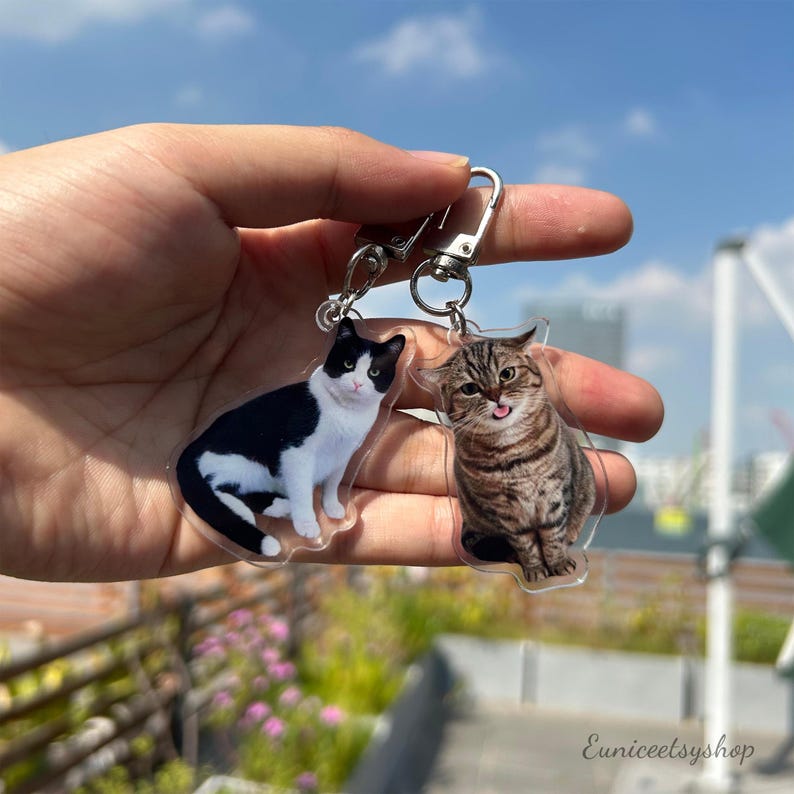 May include: Two cat keychains, one black and white cat with a surprised expression and one brown tabby cat with its tongue sticking out. The keychains are made of clear acrylic and are hanging from silver key rings.