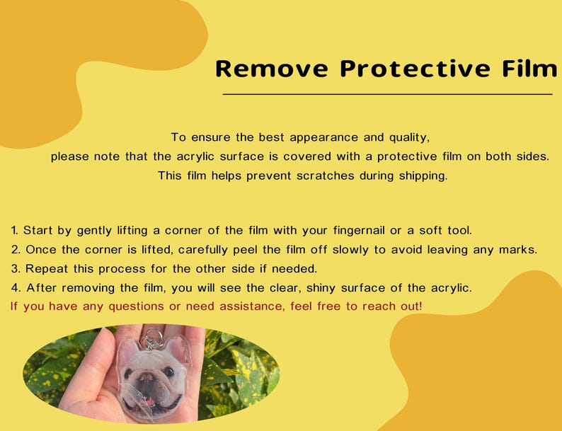 May include: A close-up of a clear acrylic keychain with a photo of a French Bulldog. The text "Remove Protective Film" is at the top of the image. Instructions are provided on how to remove the protective film from the acrylic surface.