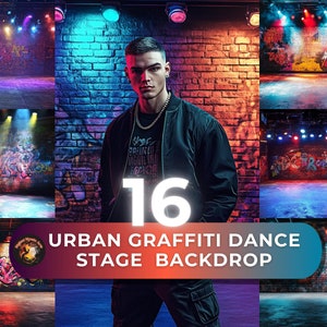 May include: A young man stands in front of a brick wall with graffiti art. The wall is lit with colorful spotlights. The text "16 URBAN GRAFFITI DANCE STAGE BACKDROP" is displayed in the foreground.