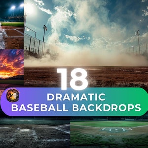 May include: 18 Dramatic Baseball Backdrops. A collage of images featuring baseball fields with different lighting and weather conditions, including a sunset, a cloudy sky, and a night game.