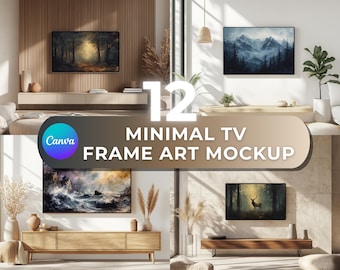 Pacchetto di mockup Canva, mockup di cornici Canva, mockup di cornici artistiche, mockup di quadri televisivi, mockup di soggiorno, mockup di cornici minimaliste, modello di mockup di cornici modificabili su parete