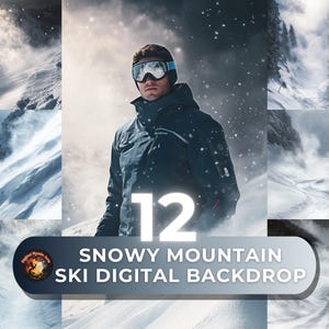 May include: A set of 12 digital backdrops featuring snowy mountain scenes. The backdrops are perfect for use in photography or graphic design projects. The backdrops feature a variety of snowy mountain scenes, including a skier in a blue jacket and goggles, a snowy mountain peak, and a winding path through a snowy forest.