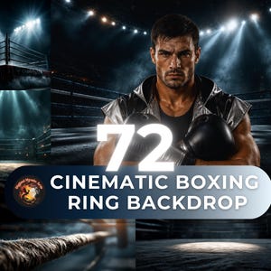 May include: A digital collection of 72 cinematic boxing ring backdrops featuring various perspectives of a professional fighting arena, including close-ups of textured ropes, wide shots of the canvas under bright spotlights, and a boxer in gloves.