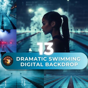 May include: A digital backdrop featuring 13 images of a swimming pool with dramatic lighting and fog effects. The images are perfect for use in photo editing and graphic design.